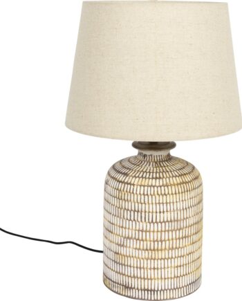 Bordlampe Dutchbone Russel Keramik Med Perlemorfinish Linned Skærm ø38 H62
