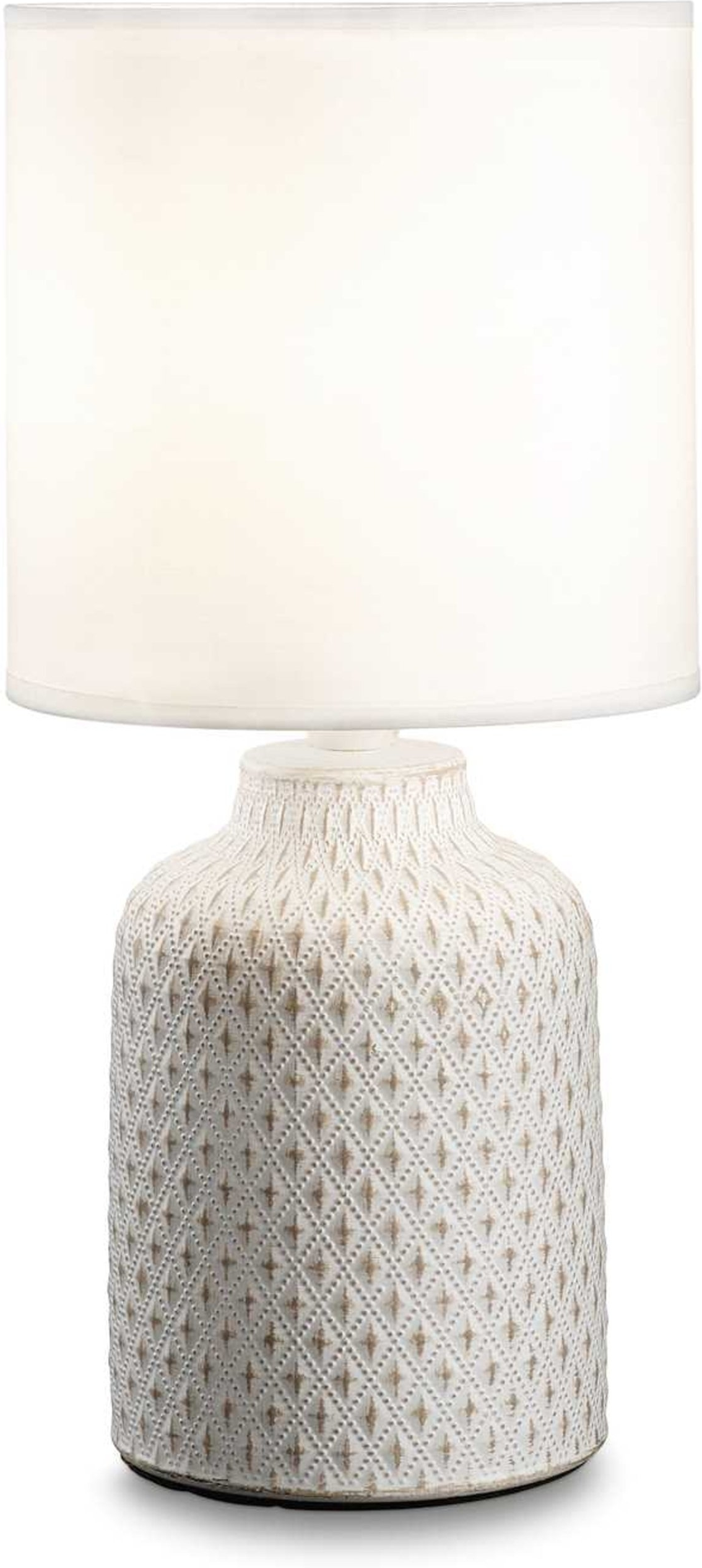 Bordlampe Ideal Lux Kali Hvid ø15h32 Keramikkrop Med Stofskærm Dekorativ Relief