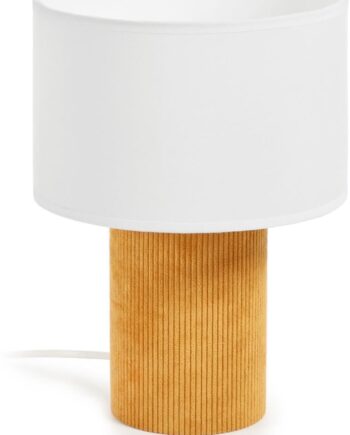 Bordlampe Kave Home Bianella Sennepsgul Fløjlsfod Hvid Stofskærm Rustik Kolonial Vintage Børnelampe