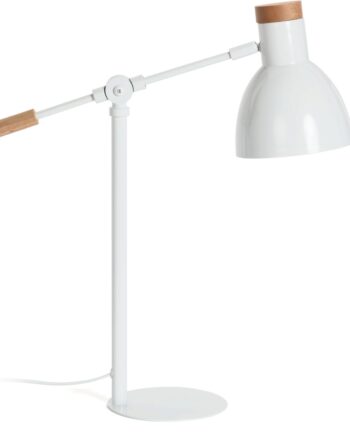 Bordlampe Kave Home Scarlett Nordisk Design Hvid Stål Med Bøgetræ H54x47x15 Skrivebordslampe