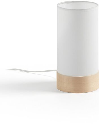 Bordlampe Kave Home Slat Nordisk Sengebordslampe Hvidt Bomuldsstof   Massivt Bøgetræ H26ø13