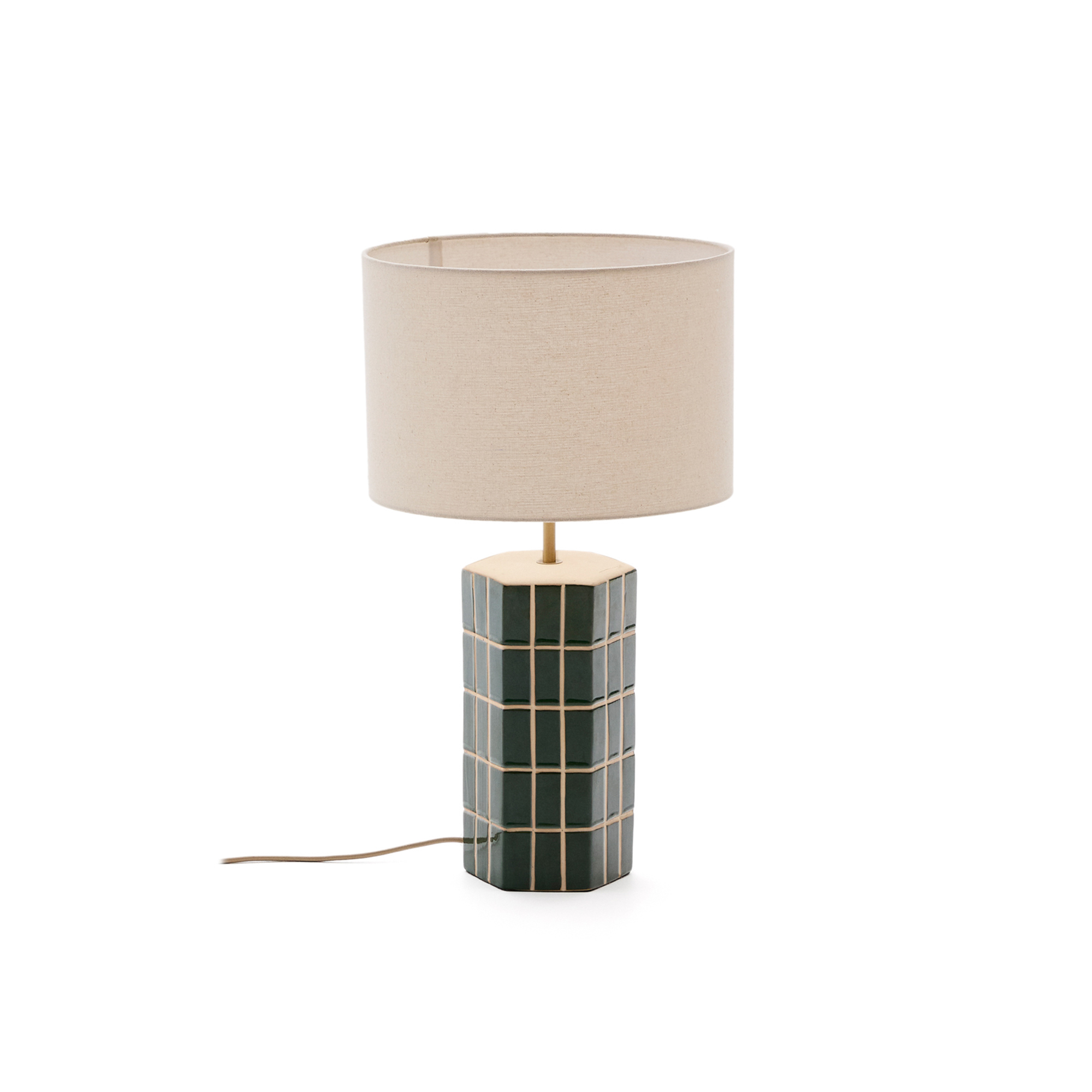 Kave Home Rue Bordlampe Ecru Stof Grøn Malet Keramisk