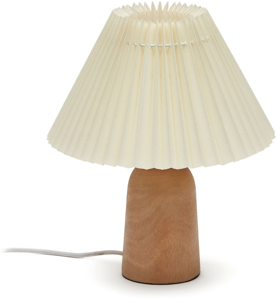 Bordlampe Kave Home Benicarlo Rustik Gummitræ Med Plisseret Bomuldsskærm Beige H33 ø27