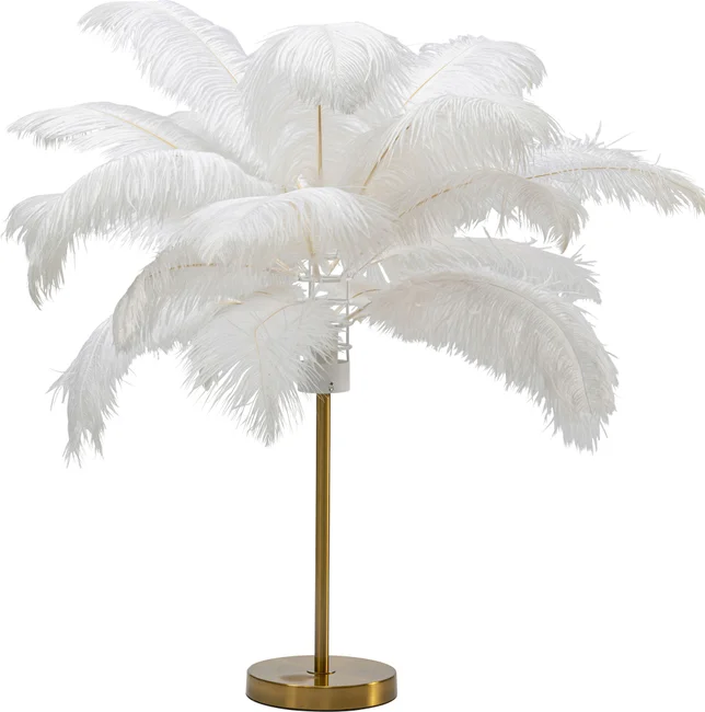 Kare Design Feather Palm Bordlampe Hvid Strudsefjer Messing Stål