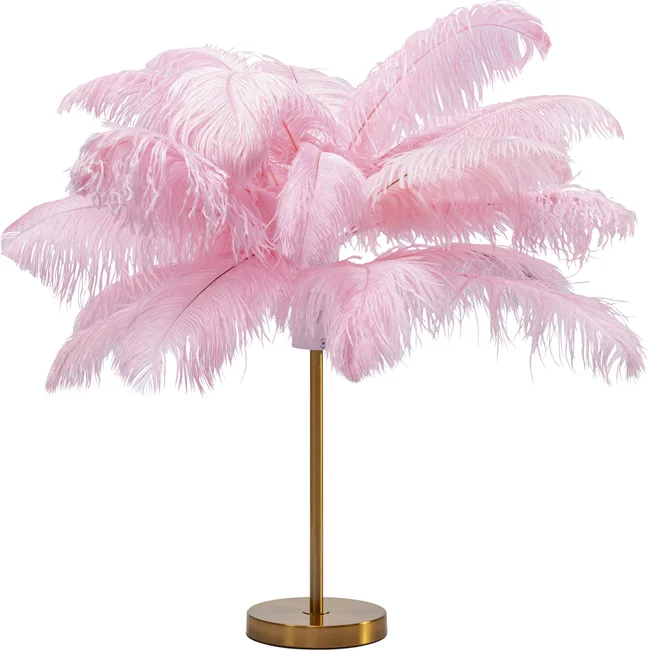 Kare Design Feather Palm Bordlampe Lyserød Strudsefjer Messing Stål